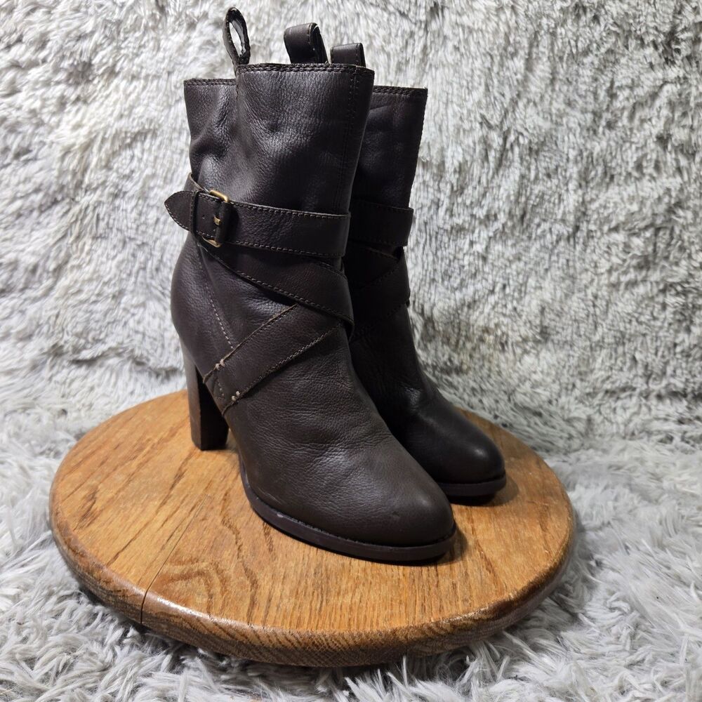 Colin Stuart Brown Leather Boots Luxury Wmn 10B Retro Straps Buckle Heeled Biker